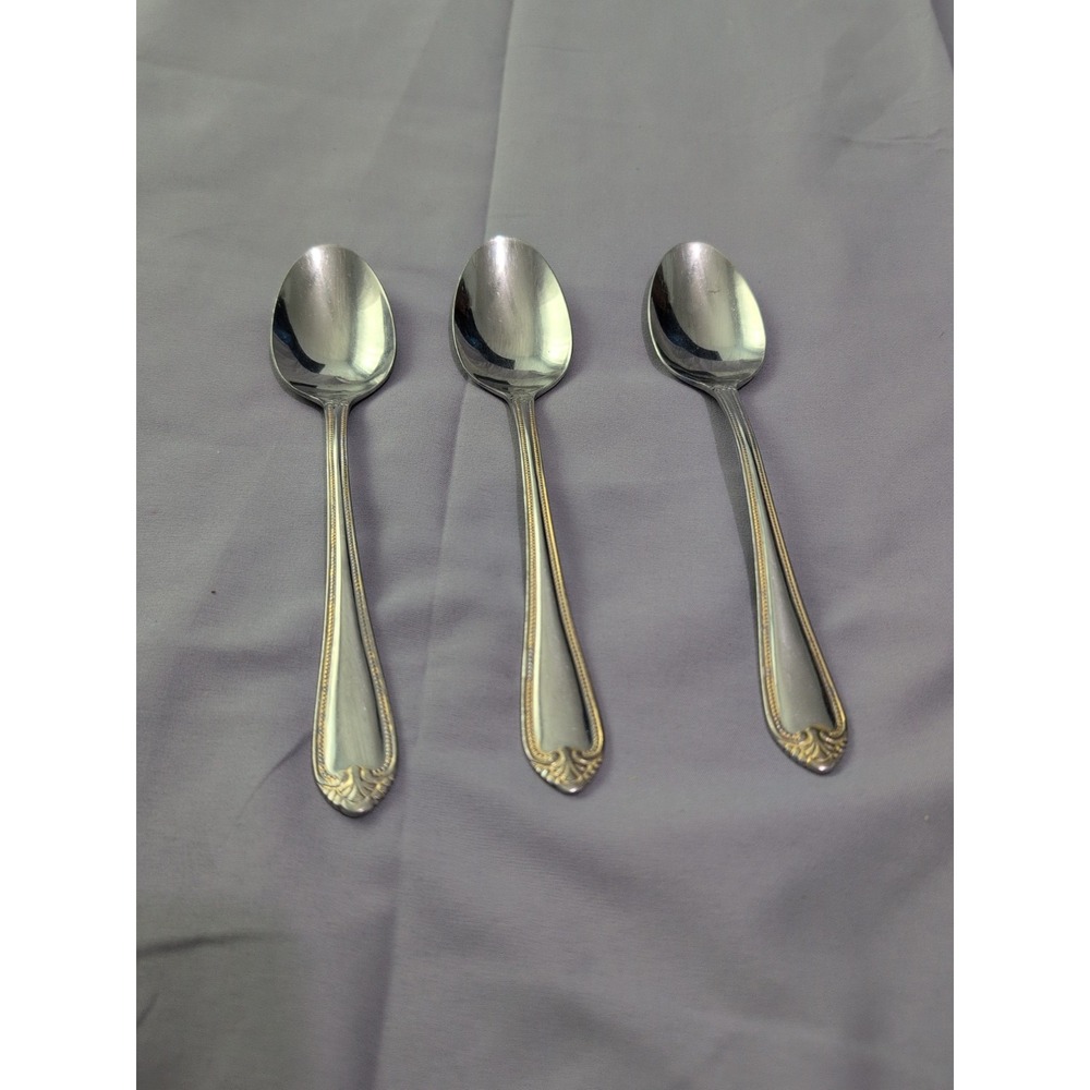 Hampton‎ Silversmiths RENEE 3 Dinner Soup Spoons Stainless Flatware Gold Accent